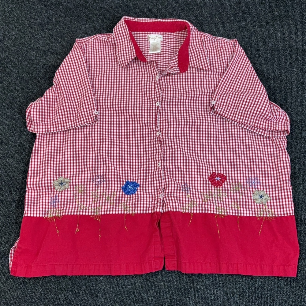 Bobbie Brooks Shirt Womens Plus 26W Red Gingham Floral Embroidered Button Tunic